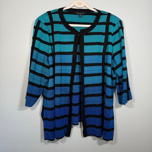 Ming Wang 2X Ombré Grid Knit Jacket Cardigan Sweater Striped Winkle Resistant - Picture 2 of 9